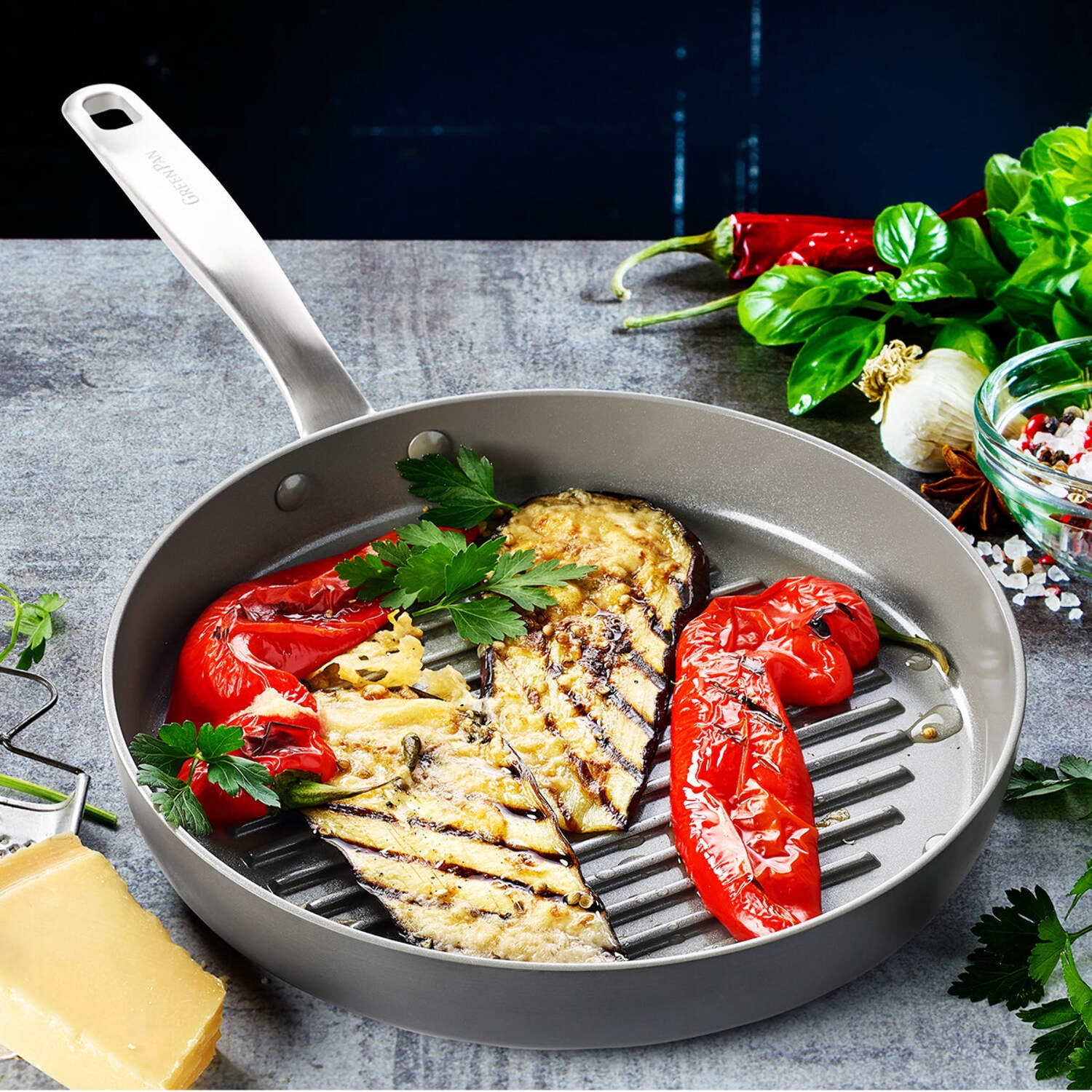 GreenPan Chatham Healthy Ceramic Nonstick 11" Round Grillpan, Gray