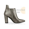 thumbnail image 3 of BLISSFUL STEP Pointed Toe Stone Pattern Cutout Chunky Heels Ankle Booties for Women Gunmetal 7, 3 of 6