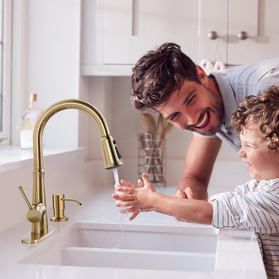 Gold Single Handle High Arc Stainless Steel Faucet with Pull Down Sprayer for Sink 2 or 4 Hole, Pull Out Kitchen Faucet with Deck Plate & 3 Functions