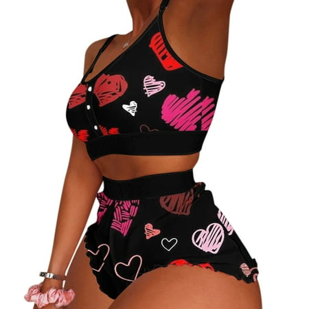 

Knosfe 2 Pack Nightgown Sexy Sleepwear Pajamas Set Crop Tops Shorts Love Print Pjs for Women