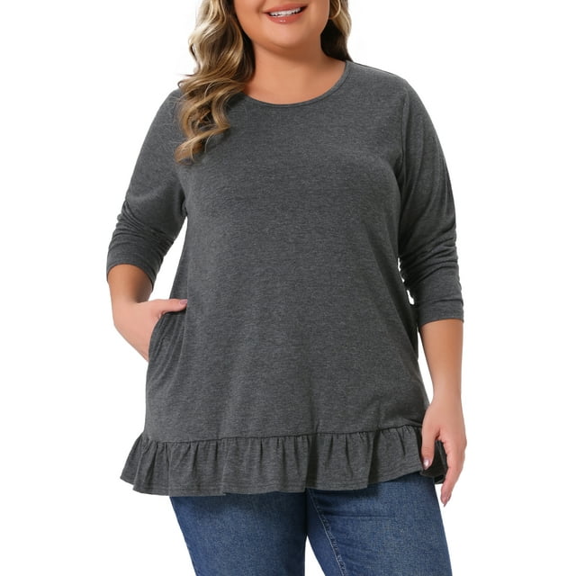 Agnes Orinda Blusas de Túnica Casual de Tallas Grandes para Mujeres con Cuello Redondo, Manga Larga, Dobladillo con Volantes y Bolsillos, Gris Oscuro 4X