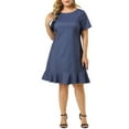 thumbnail image 5 of Unique Bargains Women's Plus Size Short Sleeve Ruffle Hem Denim Shirt Dress, 5 of 7