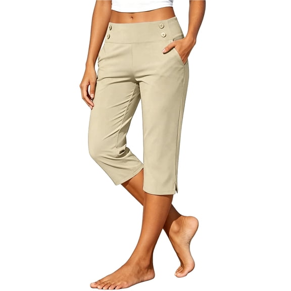 Women's Stretch Capri Pants with Button Detail – Comfortable Yoga & Workwear Style Cropped Trousers for Spring & Summer – High Waist Solid Color Pants with Pockets