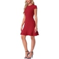 thumbnail image 4 of Vestido rojo de mujer con mangas cortas, cuello redondo, con volantes en la parte inferior y por encima de la rodilla, 4 of 6