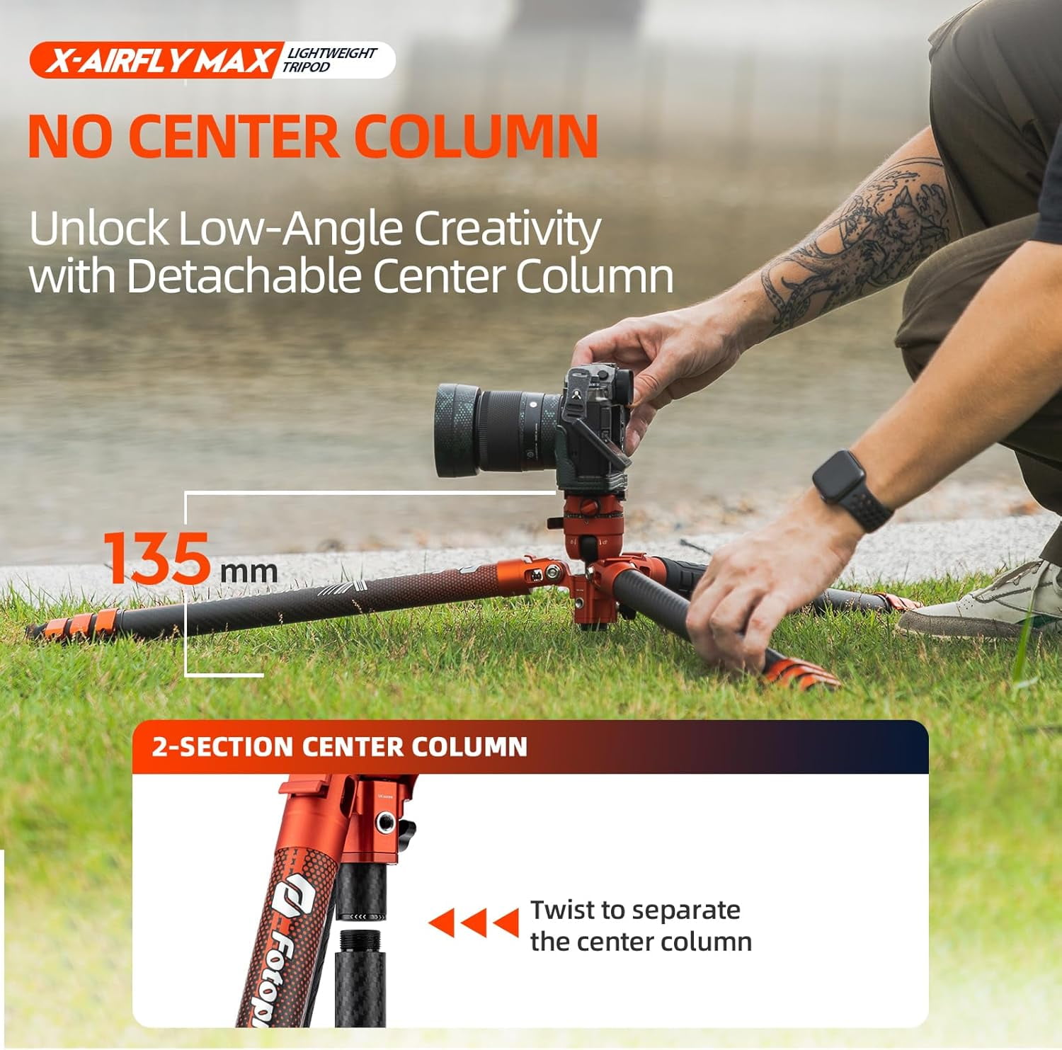 Fotopro X-Airfly Max 65.4" Carbon Fiber Ball Head Tripod, Detachable Monopod, Lightweight Compact Camera Tripod Stand for Travel, Low Angel Shooting, Hidden Phone Clip, Max Load 22 lbs, Orange