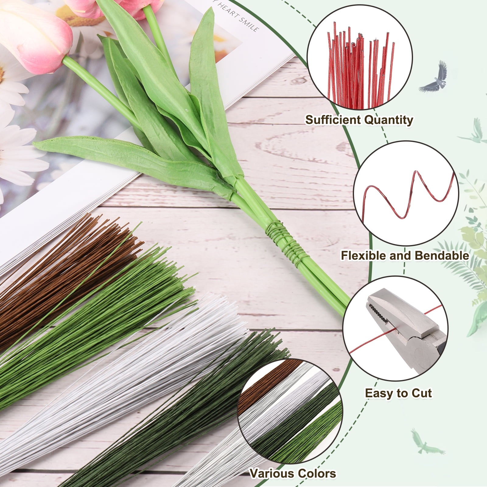Uxcell 32 Inch 22 Gauge Paper Wrapped Floral Stem Wire Bouquet Stem Gold Tone 3 Pack/120 Pieces