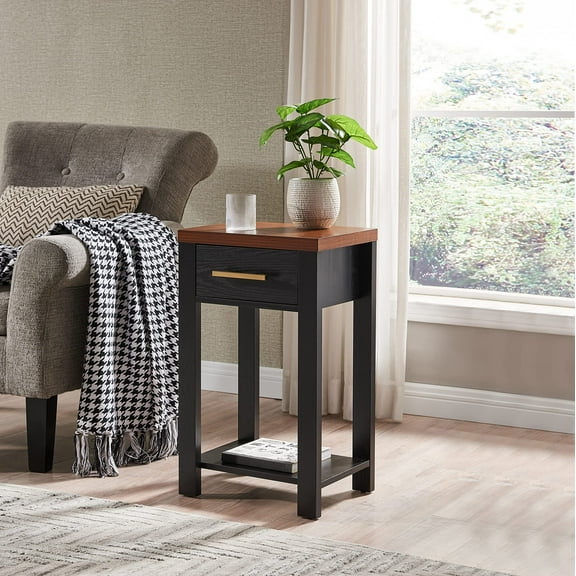 Kings Brand Furniture Wood Side End Table with Drawer and Lower Shelf for Living Room, Black/Walnut