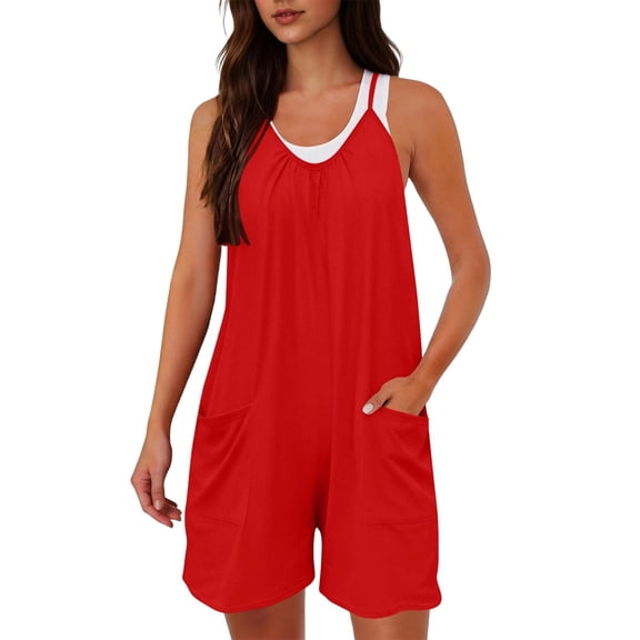Tsesme Sleeveless Romper Shorts for Women Spaghetti Strap Shorts Jumpsuit Pleated Front Casual Overall Shorts with Pockets,Red,L
