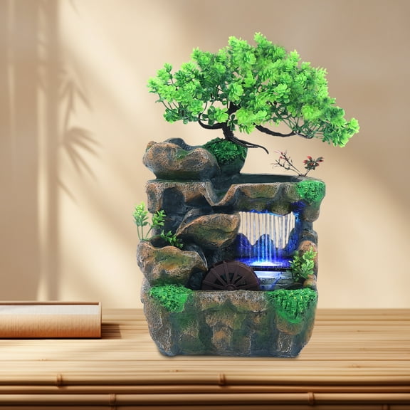 Mini Rockery Waterfall Fountain with LED Lights, Feng Shui Desktop Decor, Indoor Tabletop Water Feature for Stress Relief and Stylish Home Office Accent