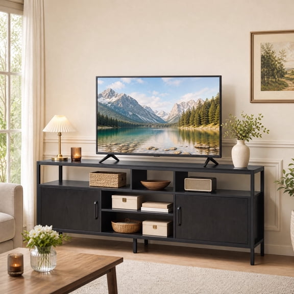 Industrial TV Stand for 55"/60"/65" Inch TVs with Adjustable Shelf, Entertainment Centre with 2 Door & Open Shelf,Black