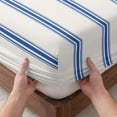 thumbnail image 3 of Full Size Fitted Sheet Set - Navy Blue Striped 3 Piece Bedding Sets 16" Deep Pocket Fitted Sheet with 2 Pillowcases Rustic Blue Stripe Modern Art Beige Brushed Microfiber Hotel Luxury Bed Sheets, 3 of 9