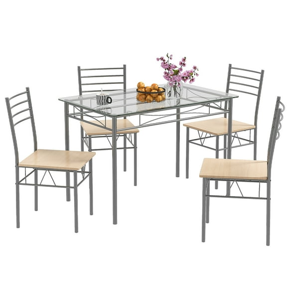 Costway 5 Piece Dining Set Table And 4 Chairs Glass Top Kitchen Breakfast Furniture