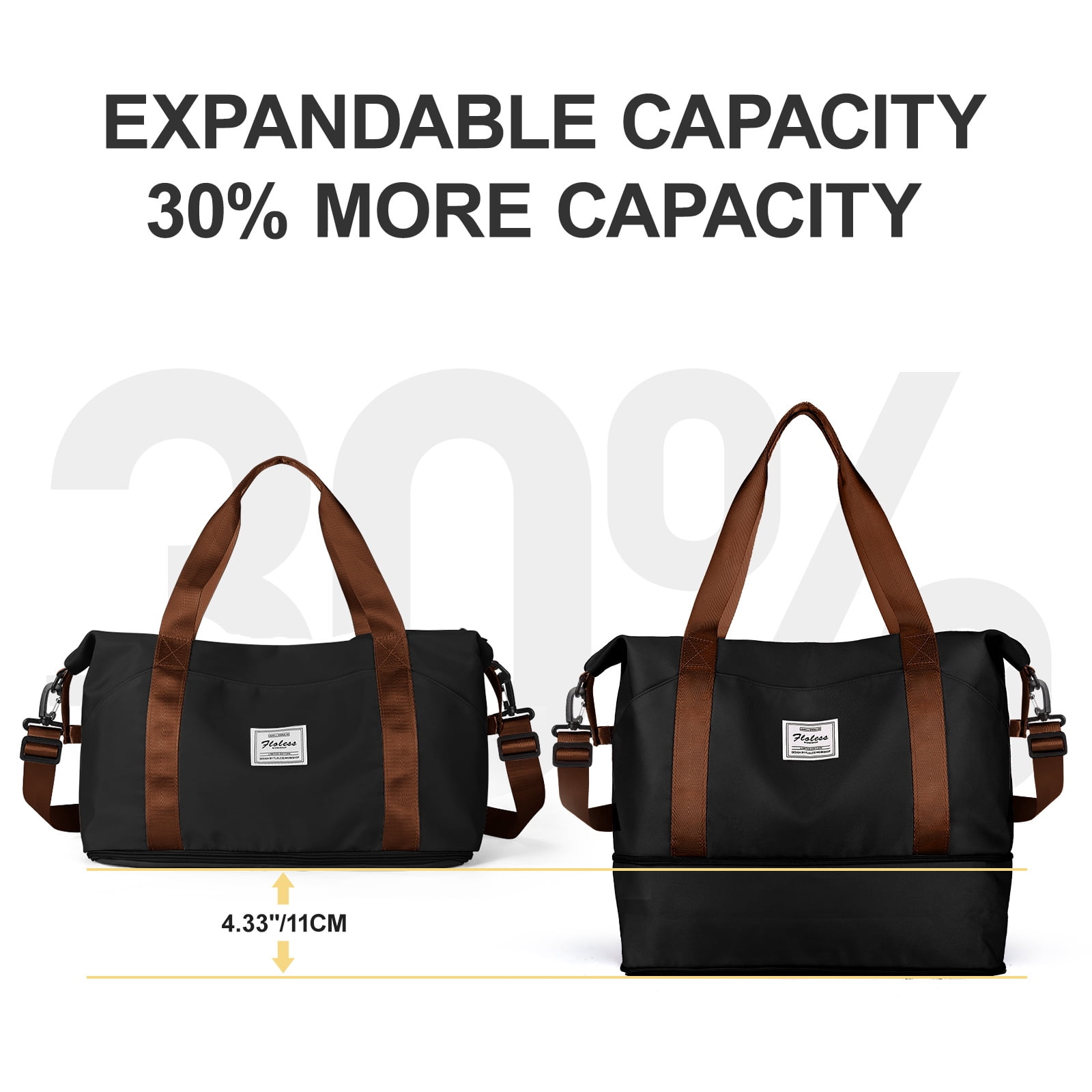 Travel Bag, Waterproof Duffel Gym Tote Bag, Weekender Carry On Overnight Bags for Women Men Approved Personal Item Bag for Airlines with Trolley Sleeve, Travel Duffel Bags, Black Brown