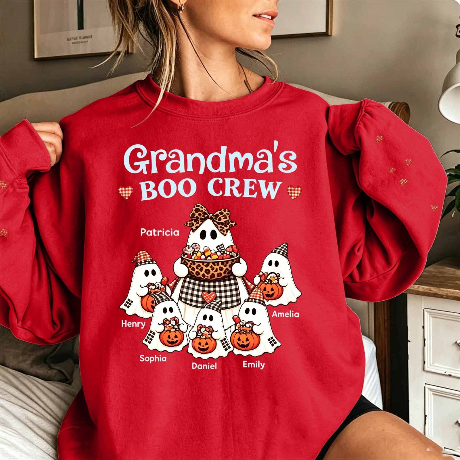 Grandma Graphic Halloween Sweatshirt Grandma Themed Cute Ghost & Letters Print Pullovers Tops (Z003-Red XXXL)