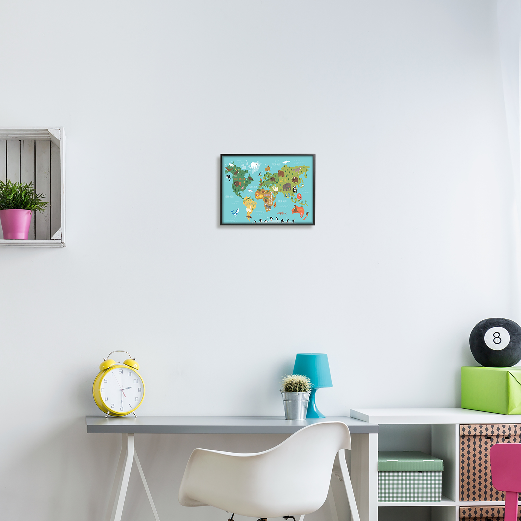 Stupell Industries Country Animals World Map Continents Wildlife Diagram Graphic Art Black Framed Art Print Wall Art, Design by Abi Hall