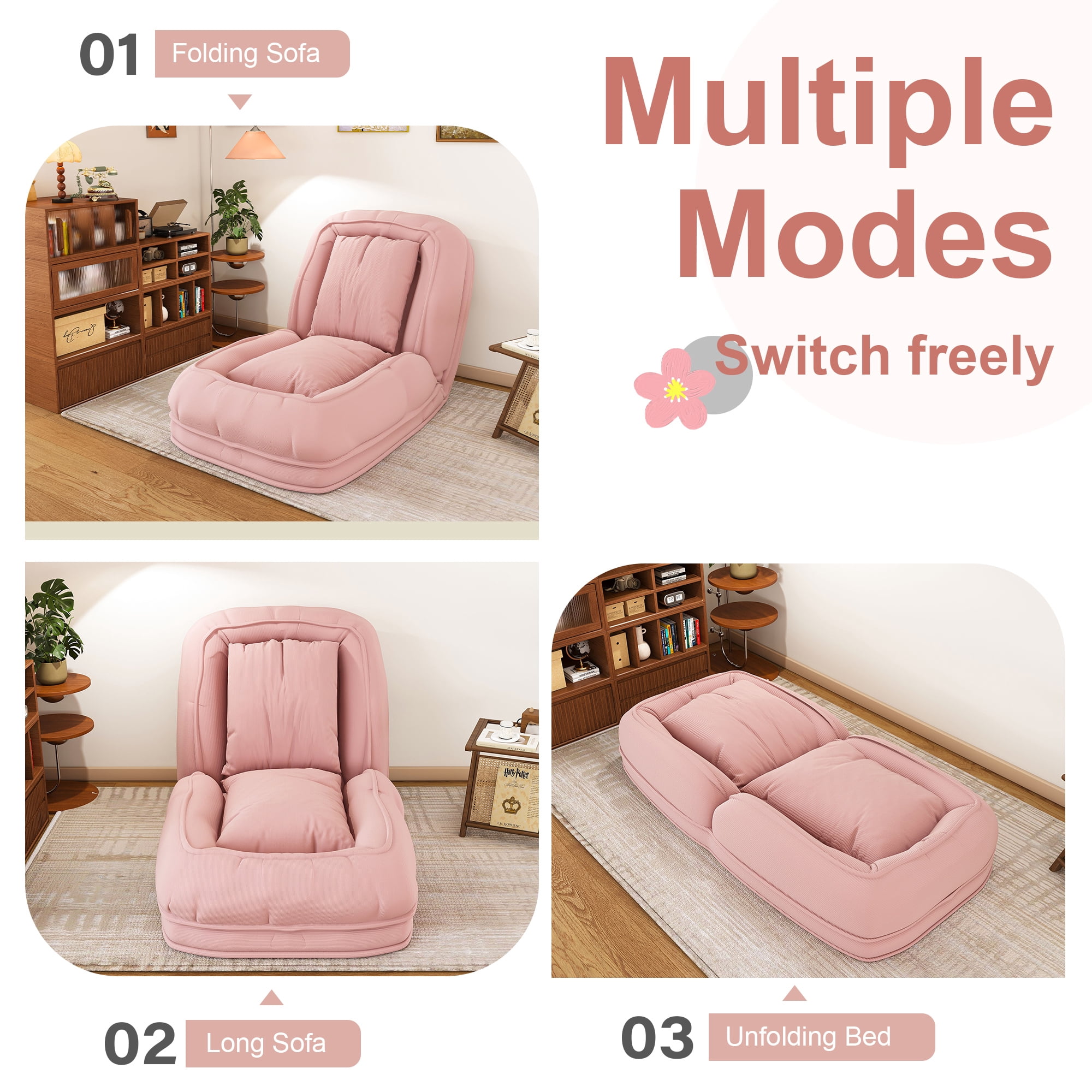 Jopath Foldable Lazy Sofa Bed with 2 Soft Pillows,Human Dog Bed with 5 Adjustable Position for Bedroom Living Room Reading Corner(Pink)