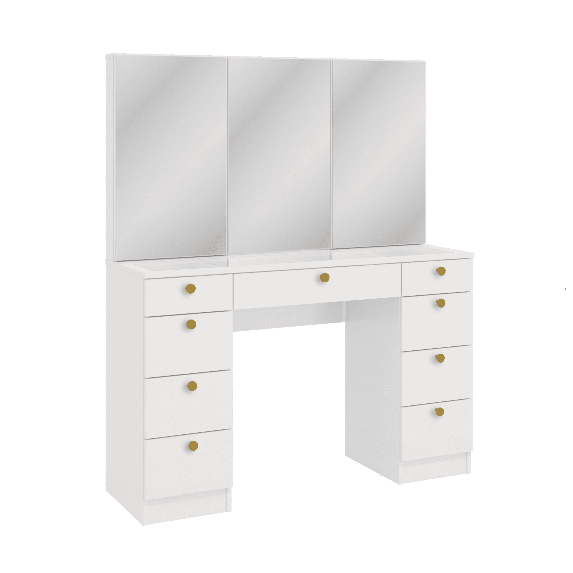 Ember Interiors Modern Vanity Table, 9 Drawers Cabinet Mirrors Golden Knobs White for Bedroom