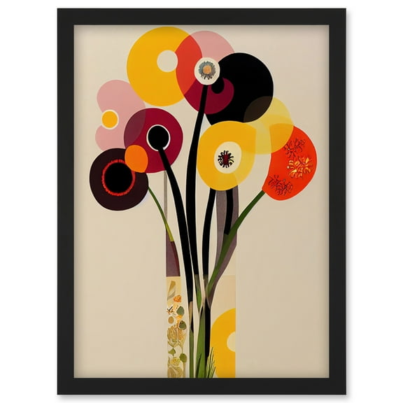 Abstract Retro Spring Summer Flowers Floral Yellow Burgundy Orange Bouquet Vase Artwork Framed Wall Art Print A4