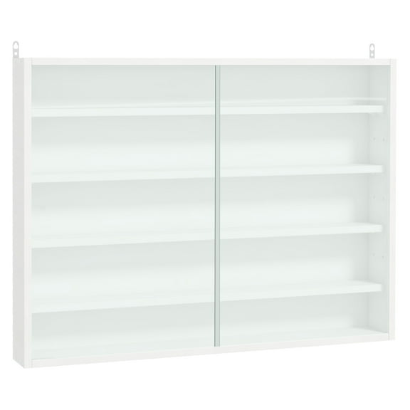 Glass Display Cabinet, 5-Tier Wall Mounted Display Case with Doors - White Collectible Shelf for Figurines, Medals, and Small Items