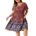 thumbnail image 2 of DARING DIVA Plus Size Floral V Neck Smock Waist Bohemian Midi Dress 3X Blue Red, 2 of 6