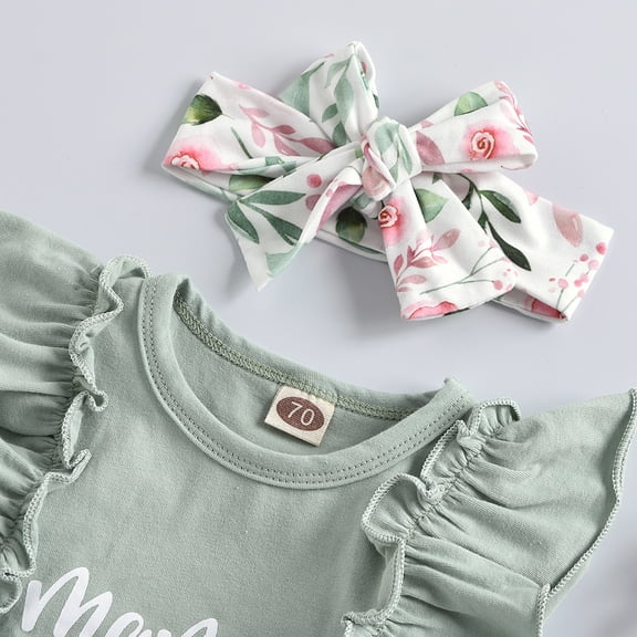 Vedolay Two Piece Sets For Girl Little Girl Outfits Off Shoulder Ruffles Prints T Shirt Tops and Shorts Set,Green 12-18 Months