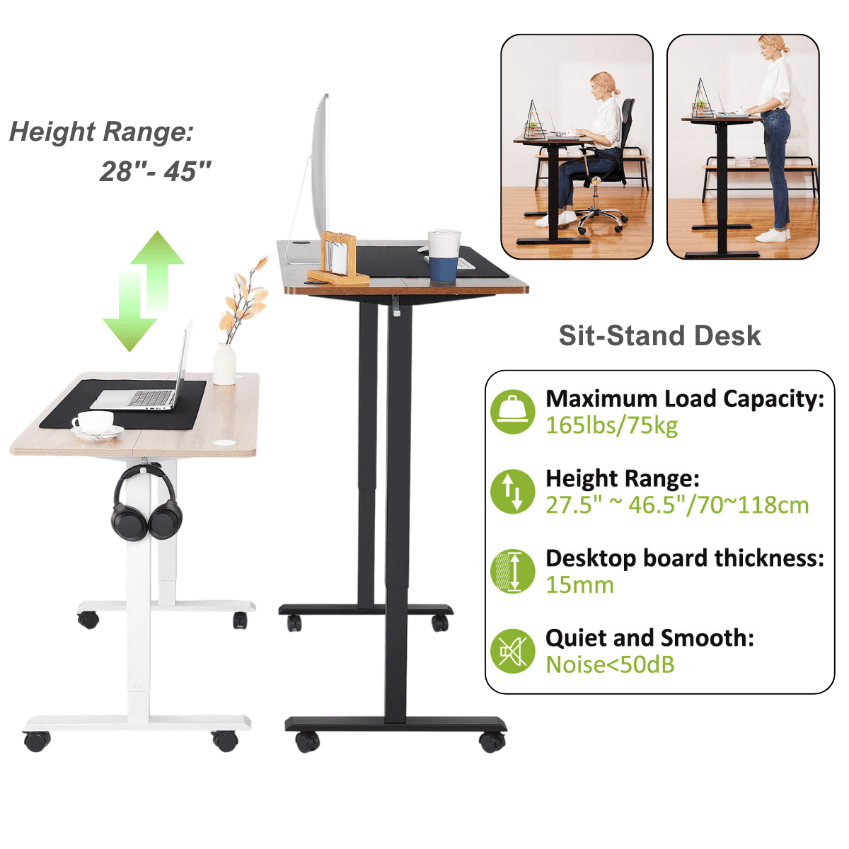 Legooin Electric Stand-up Desk Mobile Worstation Standing Desk Computer Table with Headphone Hook Cable Management, for Home Office, White