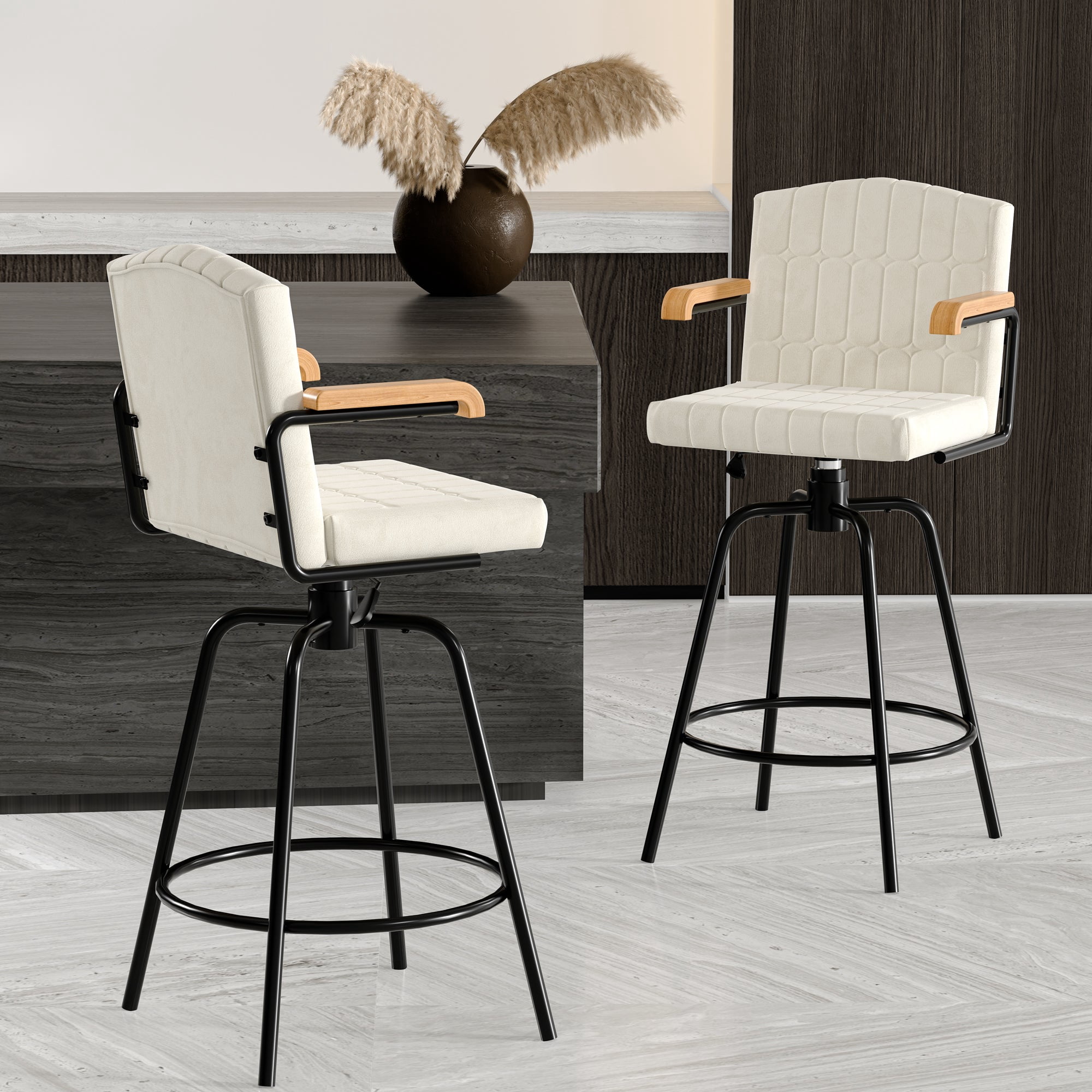 VECELO Swivel Bar Stools Set of 4 with Back and Armrest, Counter Height, Velvet Upholstered Bar Chairs for Kitchen Island & Home, Beige