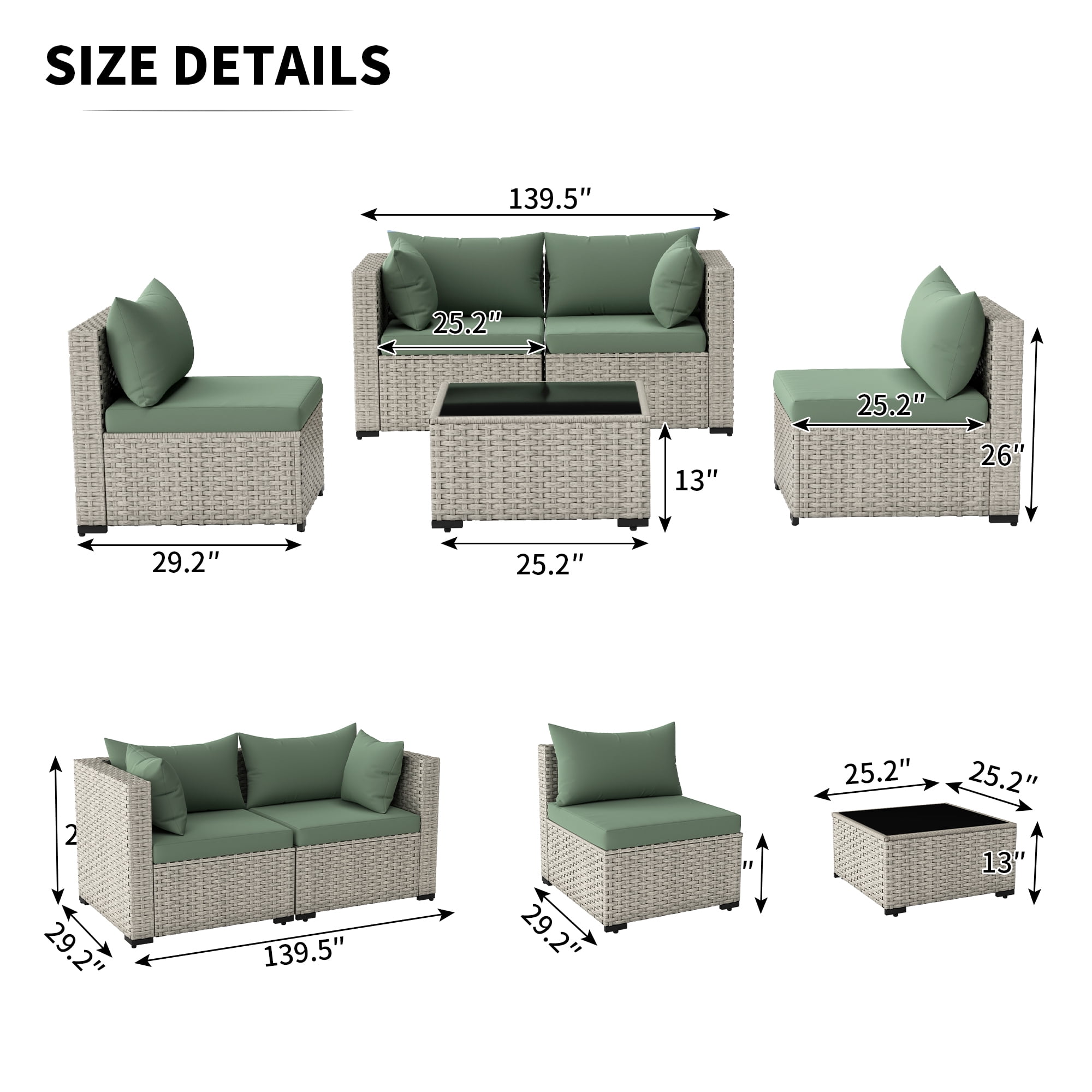 Amopatio 5 Pieces Patio Conversation Set, Outdoor Sectional PE Rattan Wicker Furniture Seat,GREEN