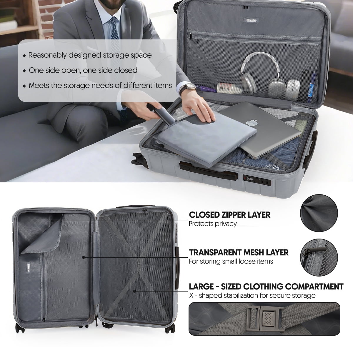 3 Piece Hardshell Luggage Set Expandable Hardside Suitcase with Spinner Wheels and TSA Lock, Lightweight Carry on and Checked Luggage 20" 25" 29", Silver, LA13601