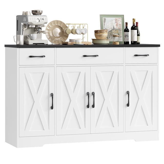 Homfa Buffet Cabinet with 3 Drawers and 4 Doors, 55.1” W Kitchen Sideboard Storage Cabinet with Adjustable Shelves, Farmhouse Coffee Bar Cabinet for Dining Room, White & Black