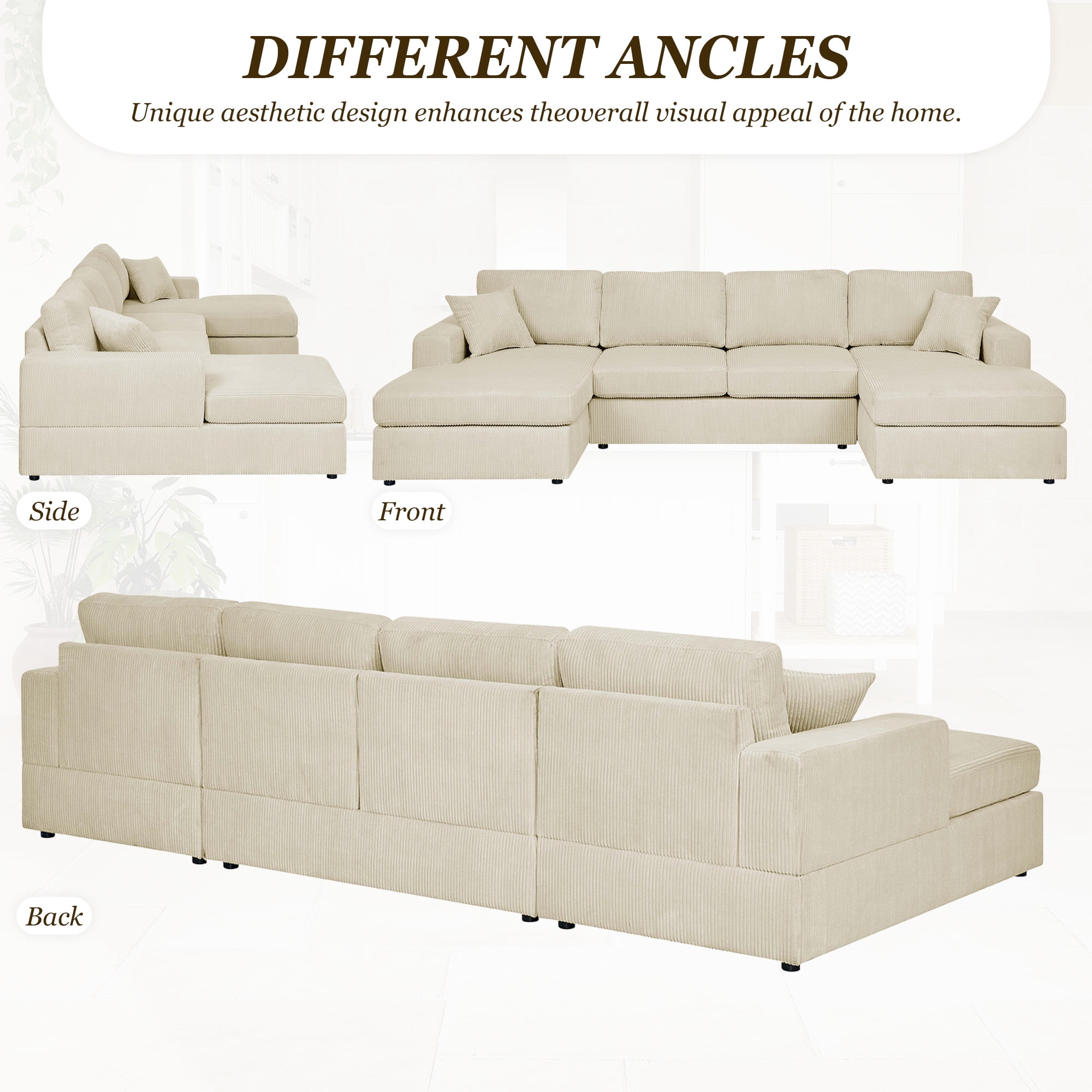 MOONMISS Sectional Sofas with Double Chaise, U-Shaped Cloud Comfy Couches for Living Room, 4 Seats, Beige