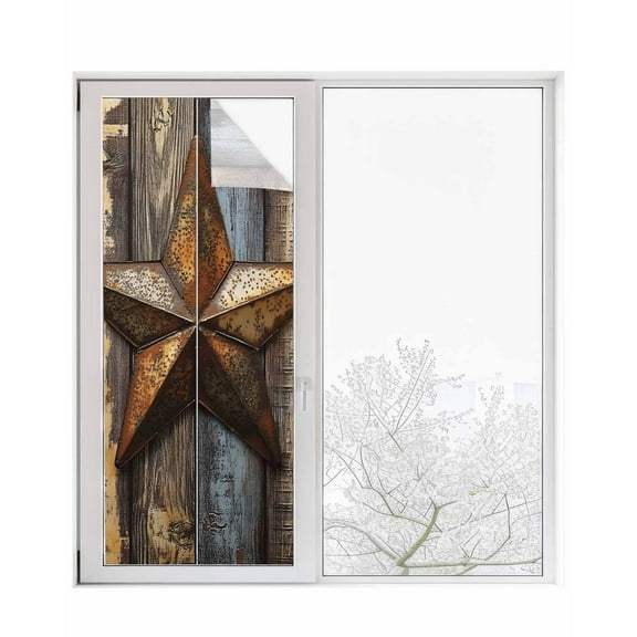 Window Privacy Film Retro Vintage Stained Glass Window Film Decorative Sun Block Window Cover Chic Western Texas Star Pattern Wooden Window Clings Static Adhesive Sticker for Bathroom 23.6"x59"