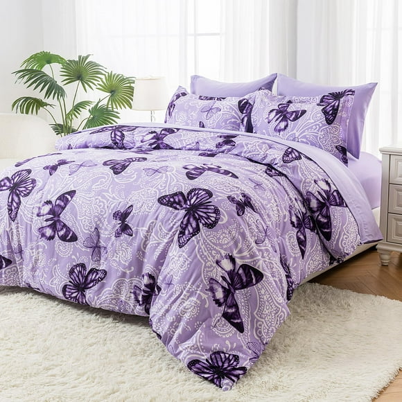 Bed in a Bag ARTALL, tamaño queen size, diseño de mariposas de cachemir, color morado, 7 unidades
