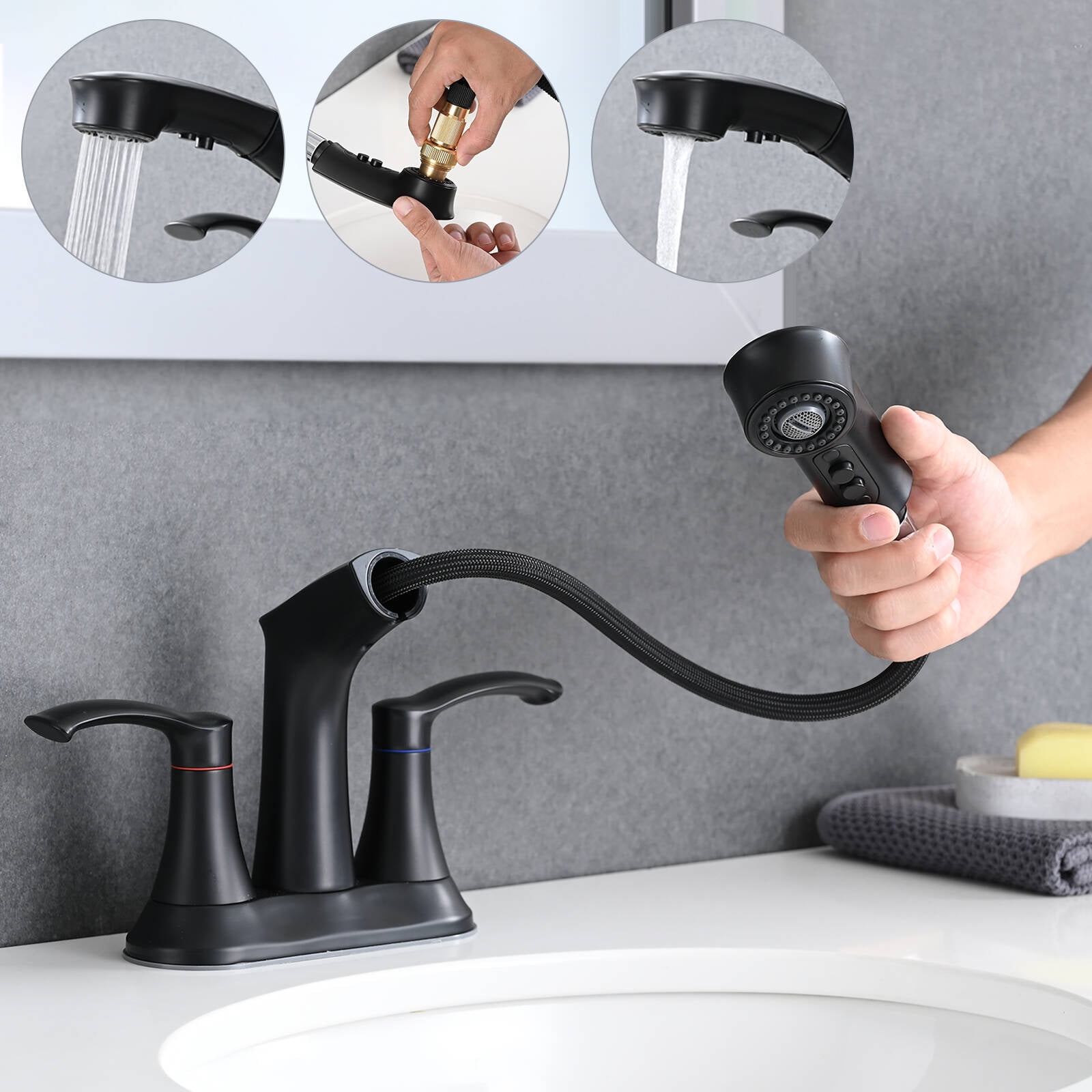 PDPBath Bathroom Faucet with Pull Out Sprayer, 4 Inch Faucet Utility