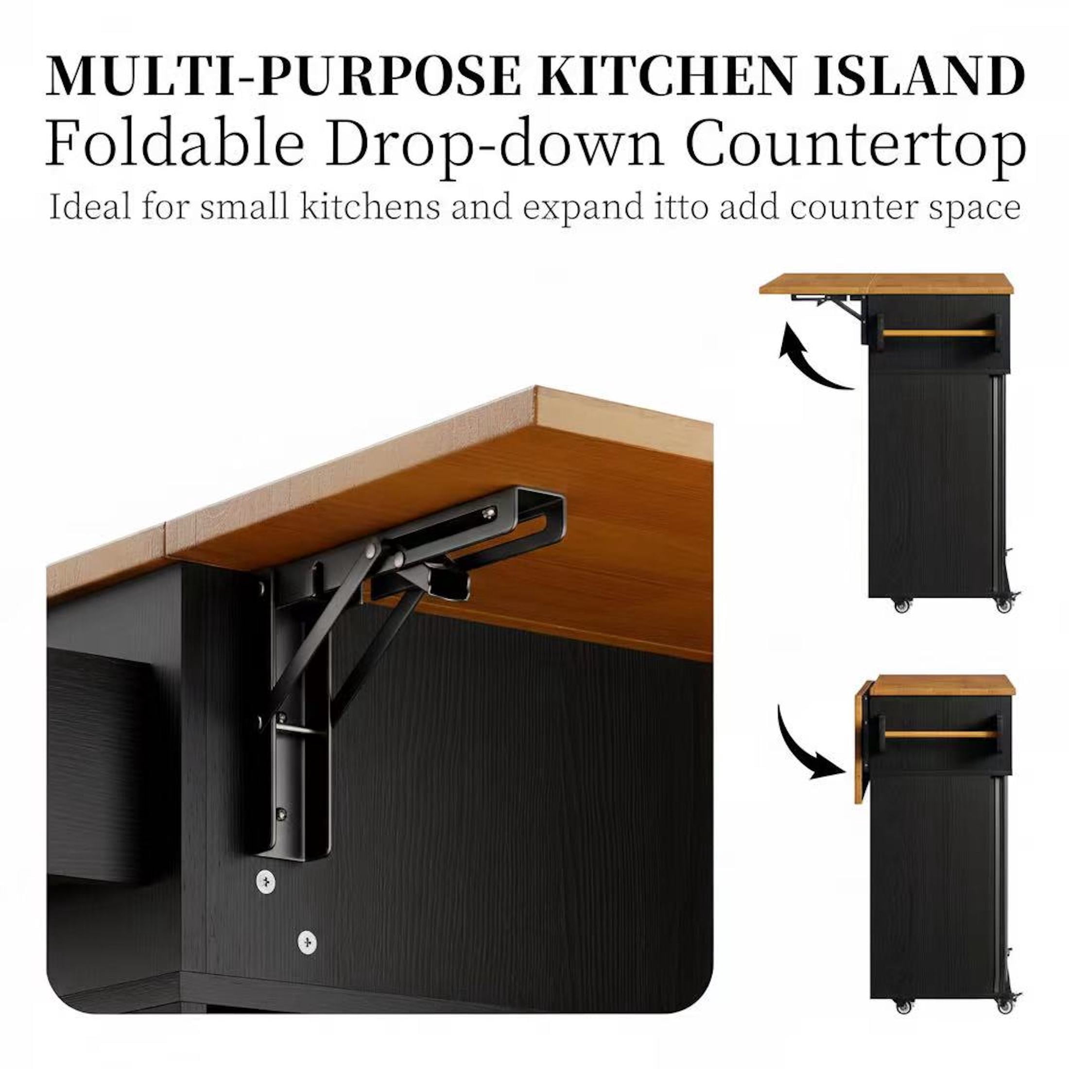 Aisword Rolling Kitchen Island with Drop Leaf Countertop, Mobile Kitchen Cart on Wheels, Sliding Door, Drawers, Spice Rack & 2-Tier Storage, Black