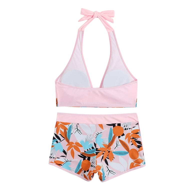 Olyvenn Summer Women's Bikini Swimsuit Hawaiian Tropical Print Beachwear  Strappy Halter Bathing Suit Front Bandage Swimwear Sets Summer Beach Outfits  for Girls Female Relaxed Pink S 