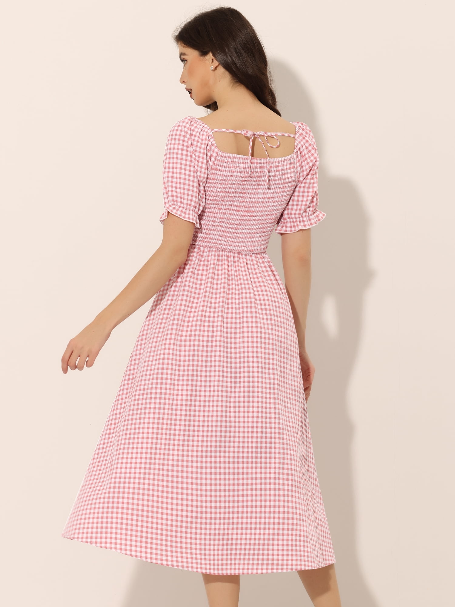 DARING DIVA Puff Sleeve Square Neck Gingham Dress XS Watermelon Pink