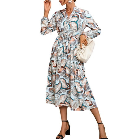 

OWSOO Women Long Sleeve Dress Print Belted Elastic Waist Pleated Dress for Holiday