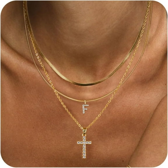 Gold Layered Initial Cross Necklace, 14K Gold Plated Diamond Initial Cross Pendant Necklace From A-Z Adjustable Layering Choker Necklaces For Women Jewelry Gifts[o7487]