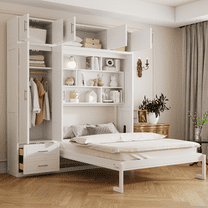 Queen Size Murphy Bed Wall Bed with Wardrobe and Bookshelves, Multi-Functional Murphy Cabinet Bed, Queen Foldable Platform Bed for Office Guest Room, White