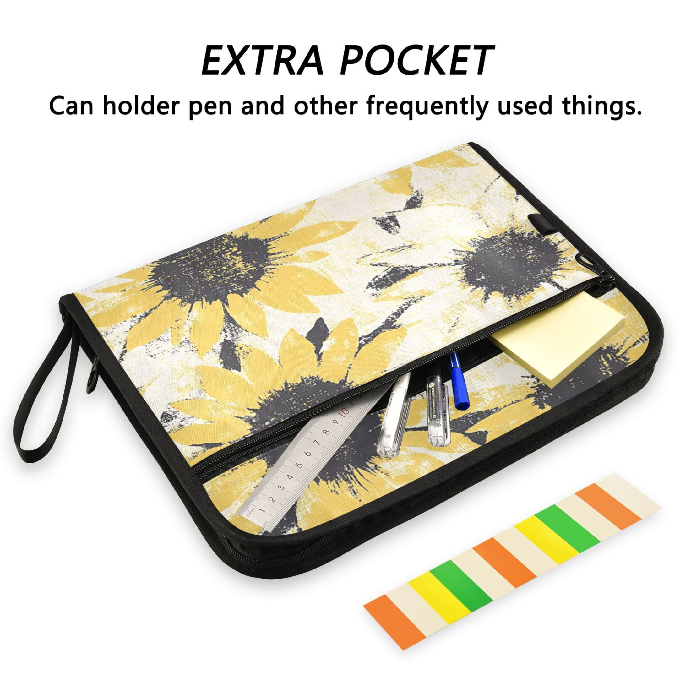 Accordion File Organizer with Zip Closure 13 Pockets Expanding File Folder Letter A4 Paper Document Organizer for Home Office Yellow and White Sunflower