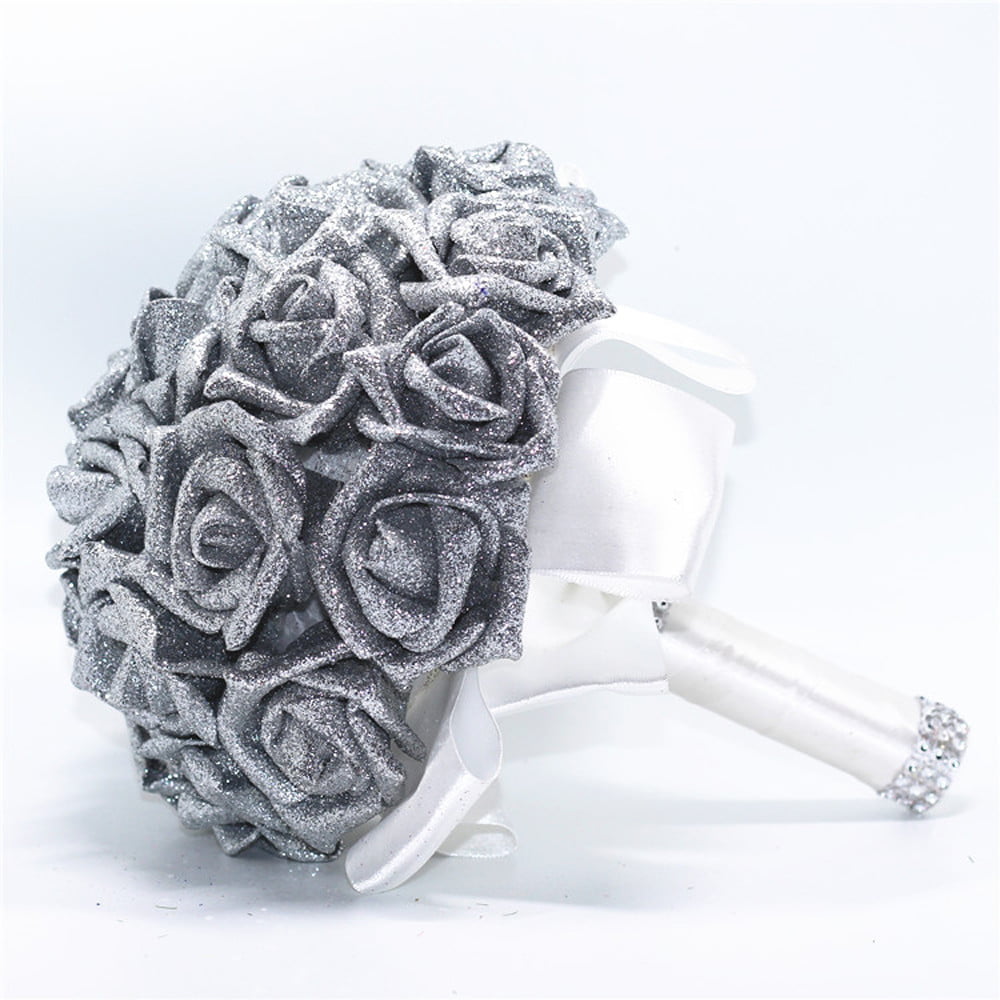 Crystal Roses Pearl Bridesmaid Wedding Bouquet Bridal Artificial Silk Flower 