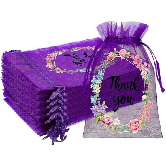 Topboutique Organza Gift Bags 50 Pcs Thank You Sheer Organza Drawstring Bags Wedding Bag Bulk Mesh Pouch Candy Bag Candy Gift Packaging for Christmas Wedding Party,4x6 inch,Purple