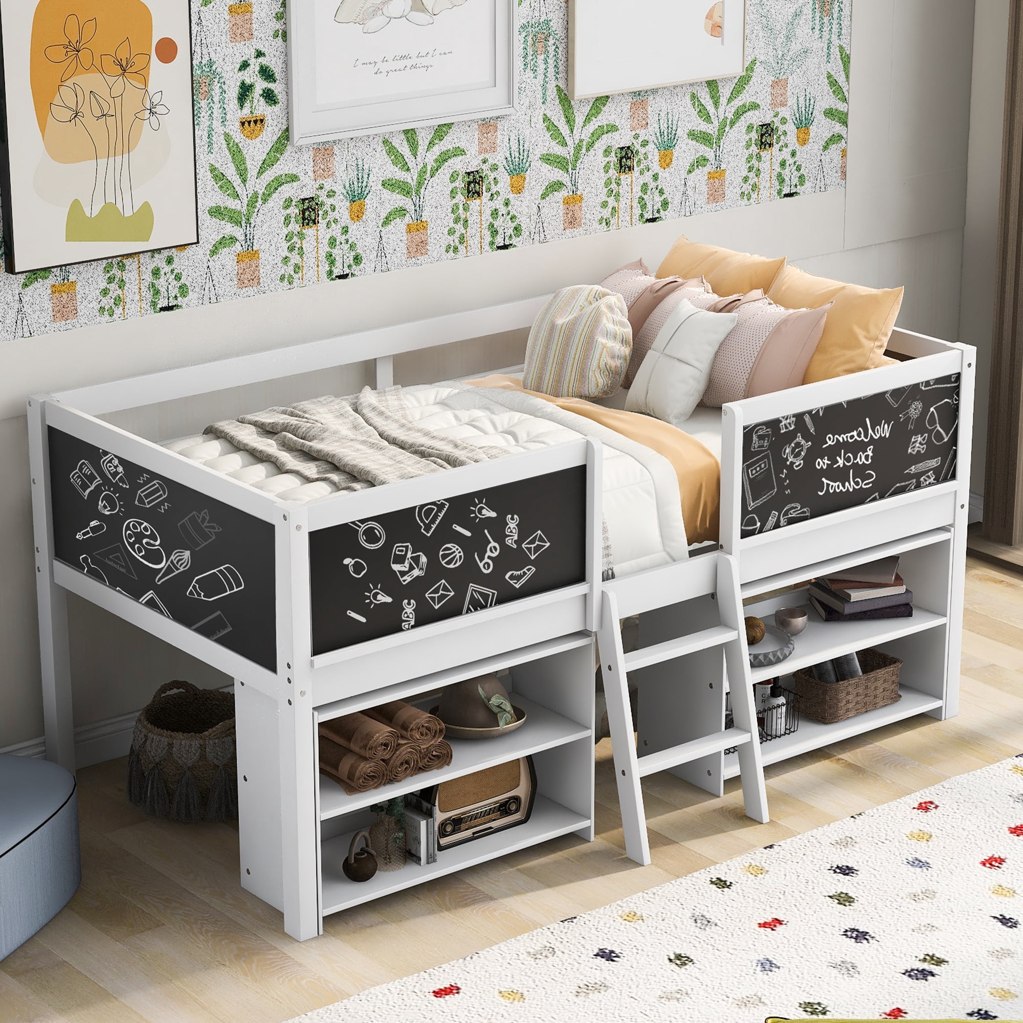 Euroco Twin Size Loft Bed with Shelves and Chalkboard, Storage Bed with Guardrails, White