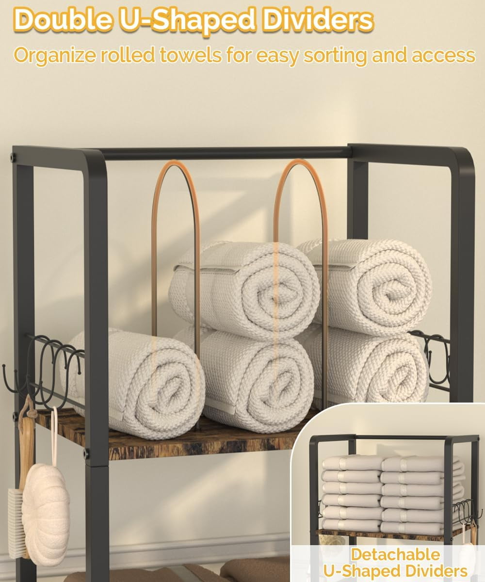 Free Standing Towel Racks for Bathroom with U-Shaped Detachable Dividers, 3-Tier Floor Towels Holder Stand with Shelf & 8 S-Hooks, Metal Pool Towel Storage Organizer for Home, Poolside, Black