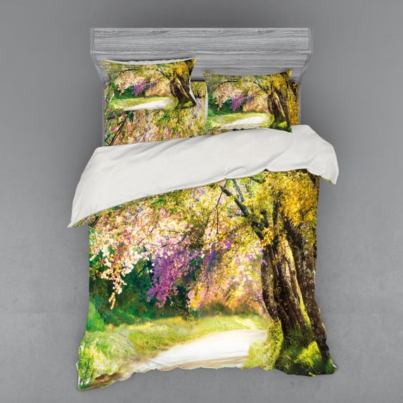 Landscape Duvet Cover Set, Blurry Spring Park View with Walkway Colorful Flower Trees Garden Idyllic Scenery, Bedding Set with Shams and Fitted Sheet, 3 Sizes, by Ambesonne