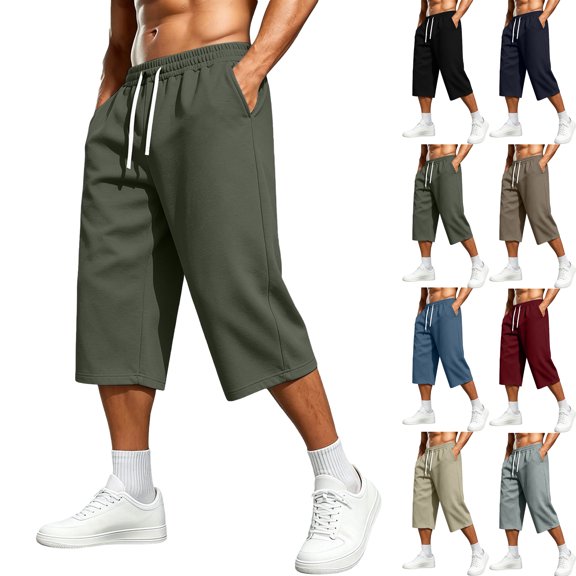 Men's & Big Men's 3/4 Cargo Shorts Sizes M-3XL Solid Color Elastic Waist Drawstring Pocket Casual Sports Capris Pants
