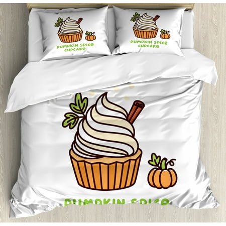 Champagne Bedding Pumpkin Spice Duvet Cover Set, Pumpkin Cupcake Whipped Cream Cinnamon, Decorative Bedding Set with Pillow Shams, Pale Orange Champagne Lime Green Cinnamon, by Ambesonne ()