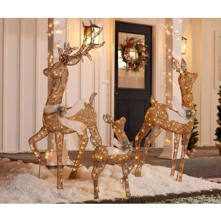 3-Piece Pre-lit Glittering Rustic Brown Deer Family - 60 Buck, 50 Doe &  28 Fawn - 260 Clear LED Lights - Christmas Deer Family