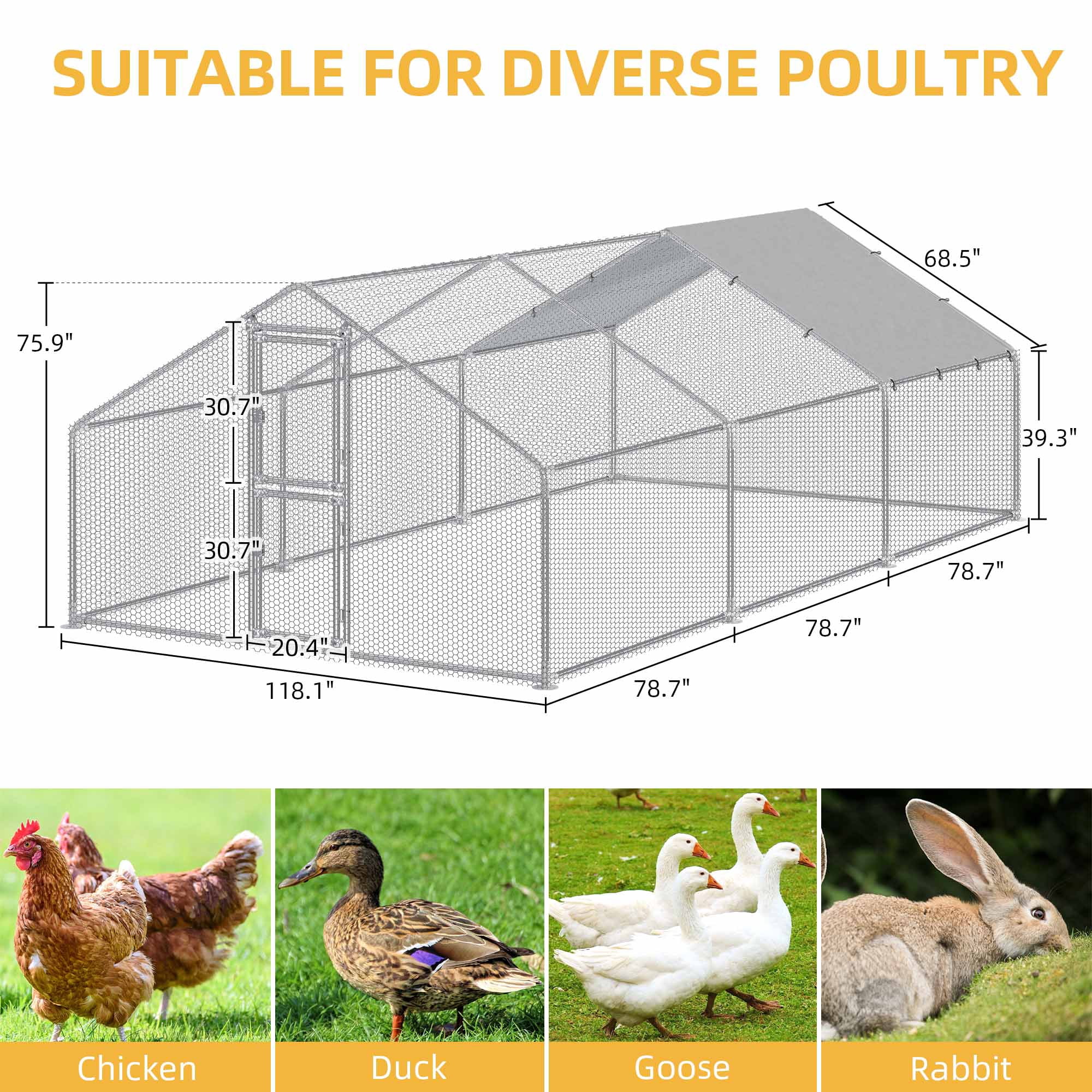 Dextrus Extra Large Metal Chicken Coop Walkin Poultry Cage Hen Run House Rabbits Habitat Cage Spire Shaped Coops - 19.7 x 9.8 x 6.4 ft